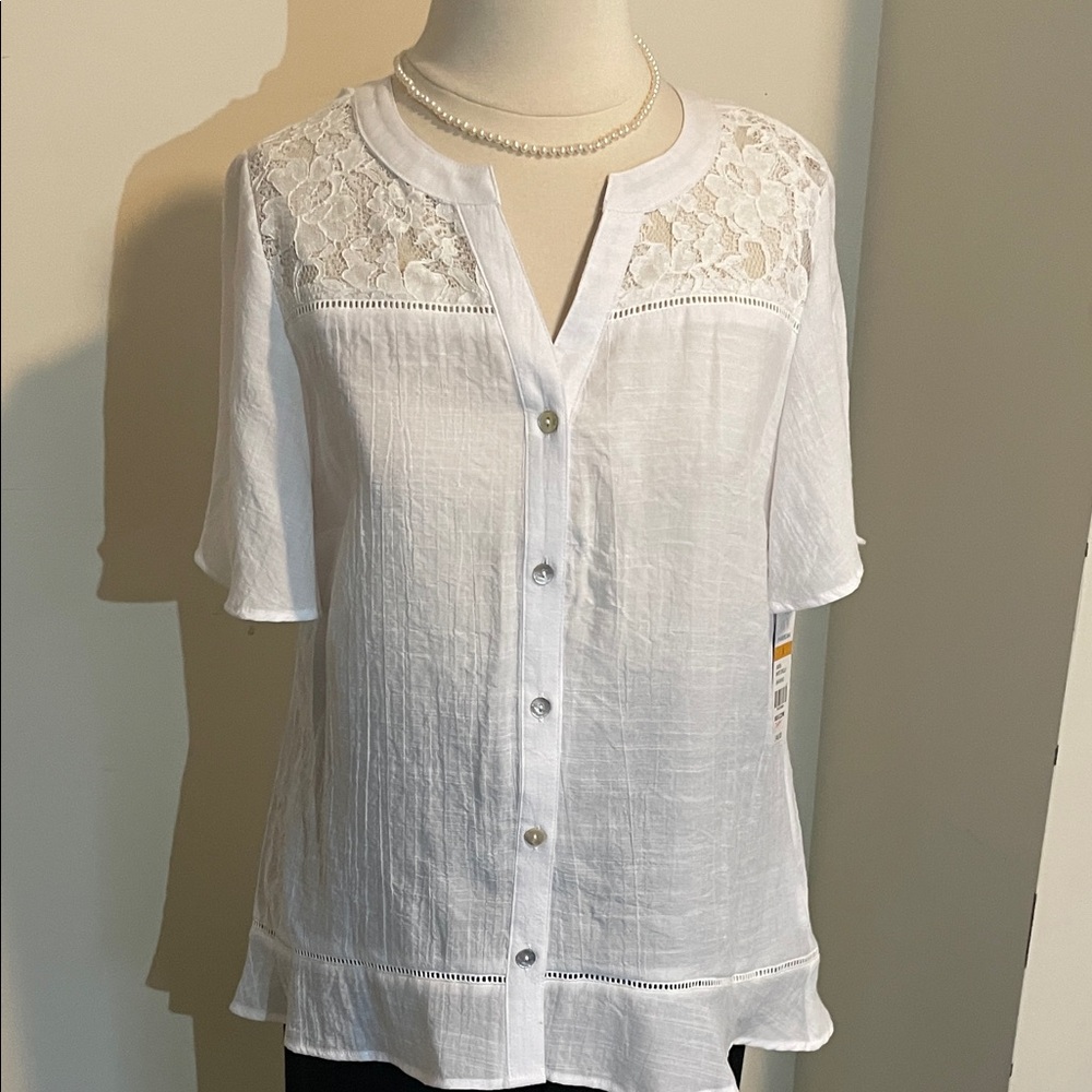NWT Kim Rogers White Lace Detail Blouse